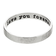 Handcrafted silver ring engraved in tyepwriter font with “love you forever” in blackened text