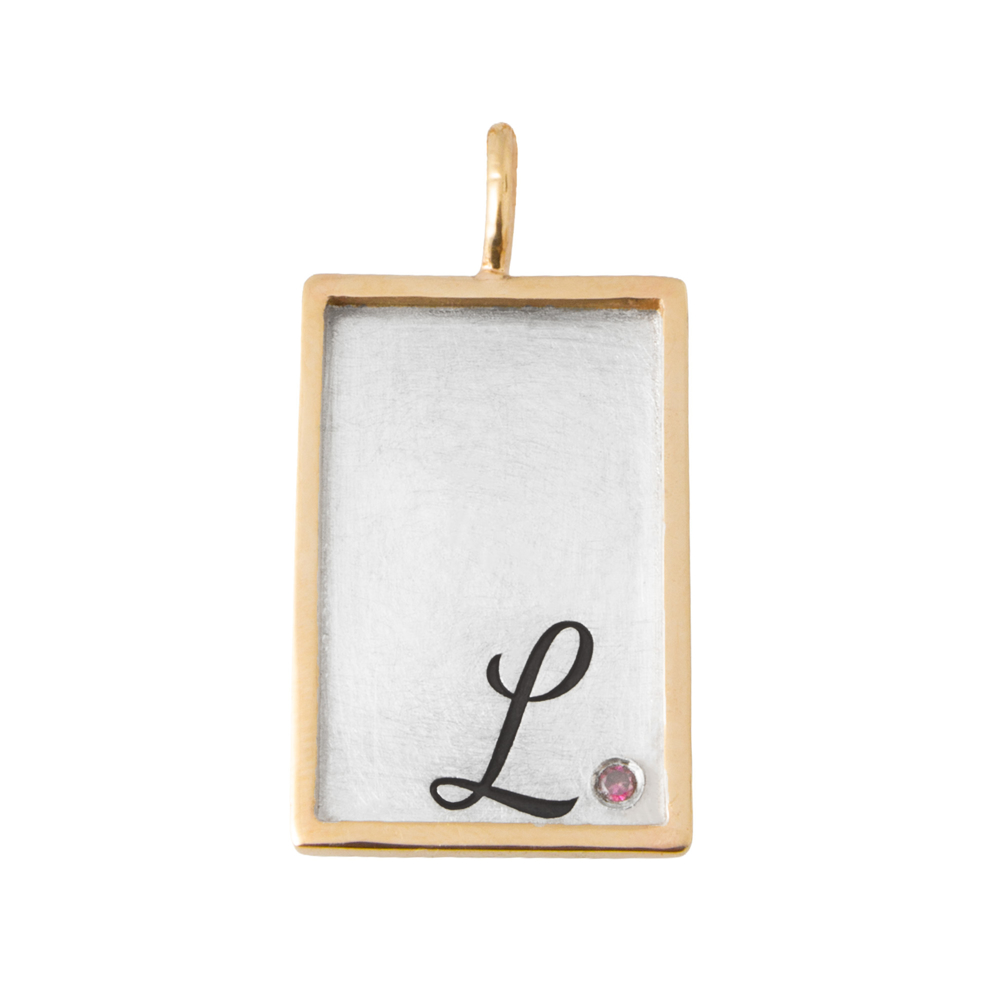 Personalized rectangle initial necklace in sterling silver with 14K gold rim and birthstone