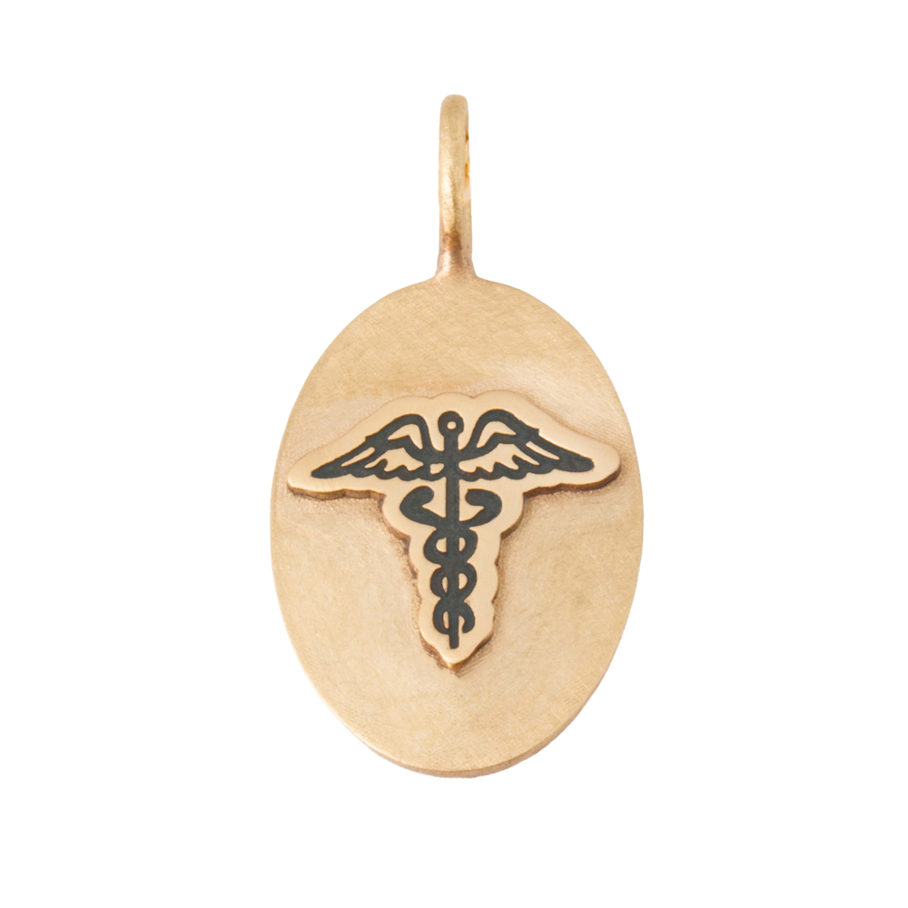 14k gold caduceus charm medical symbol pendant oval necklace
