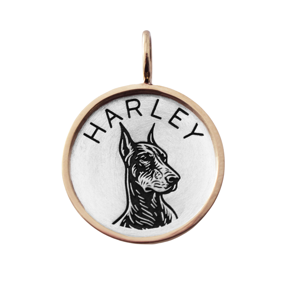 custom engraved dog charm with pet portrait and name in sterling silver and solid gold