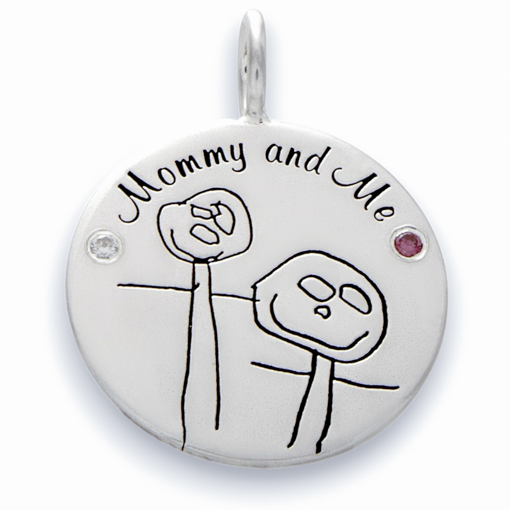Kids drawing necklace engraved with child artwork on silver pendant